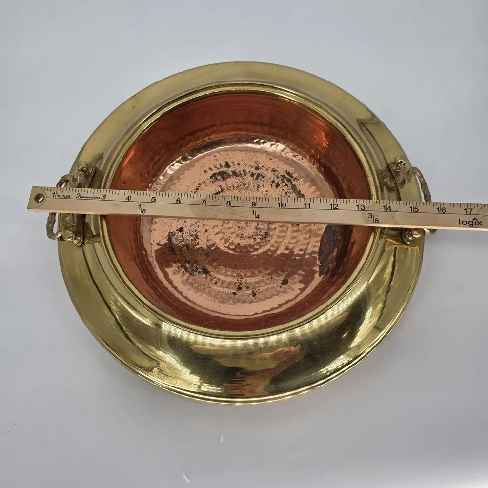 Antique Hand Hammered Copper Brazier with Brass Handles 17